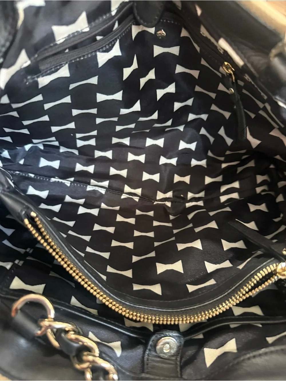kate spade Beige Woven Shoulder Bag with Black Bow and Chain Straps